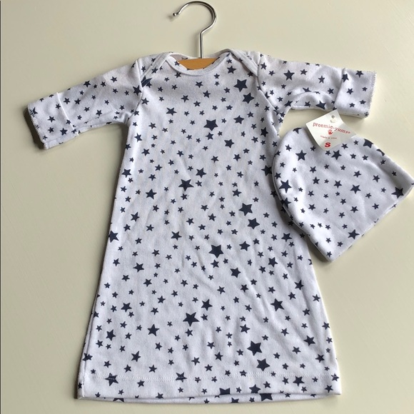 Preemie-yums | White Navy Star Gown & Hat | NB - Picture 1 of 9